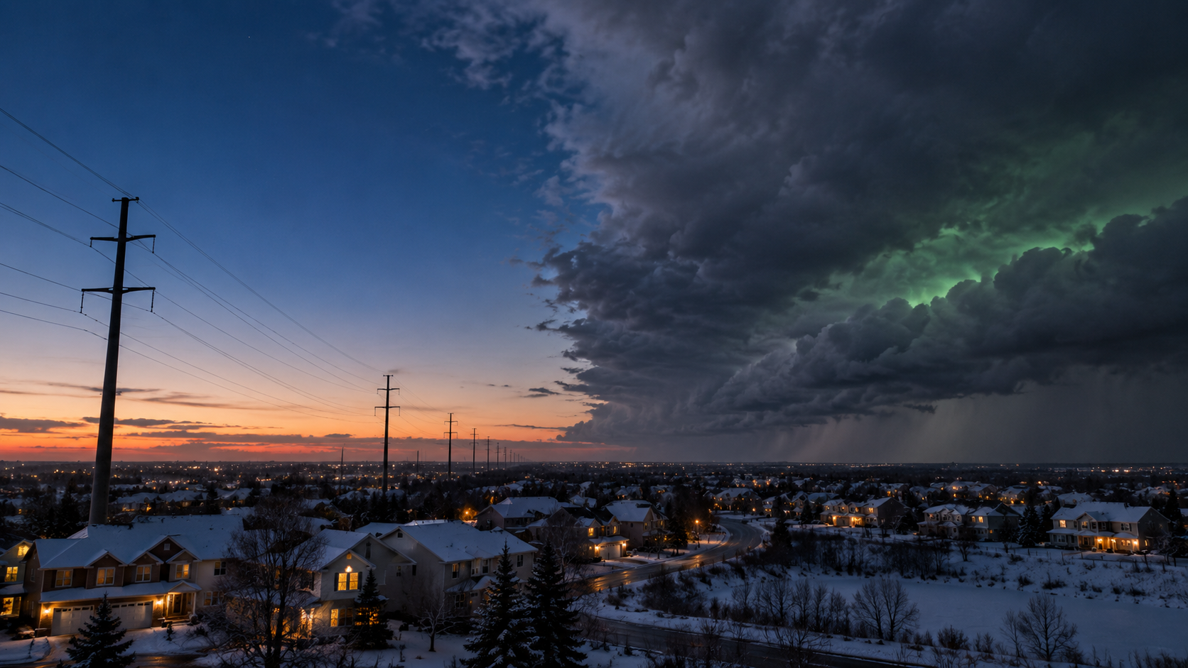 Suburban neighborhood at winter dusk with storm front approaching — managing variable load in an El Niño winter