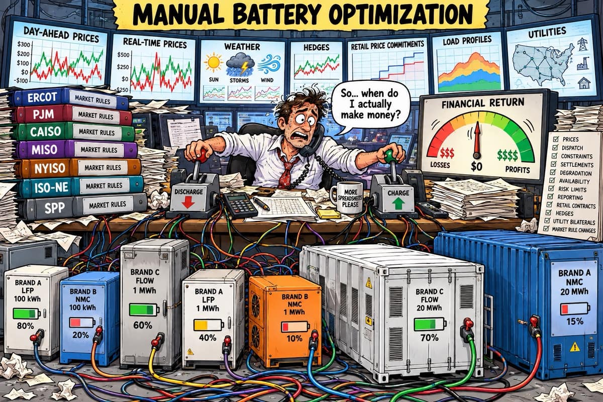 Cartoon: a harried operator juggling battery dispatch across seven ISOs, multiple OEMs, and a coffee mug that says More Spreadsheets Please